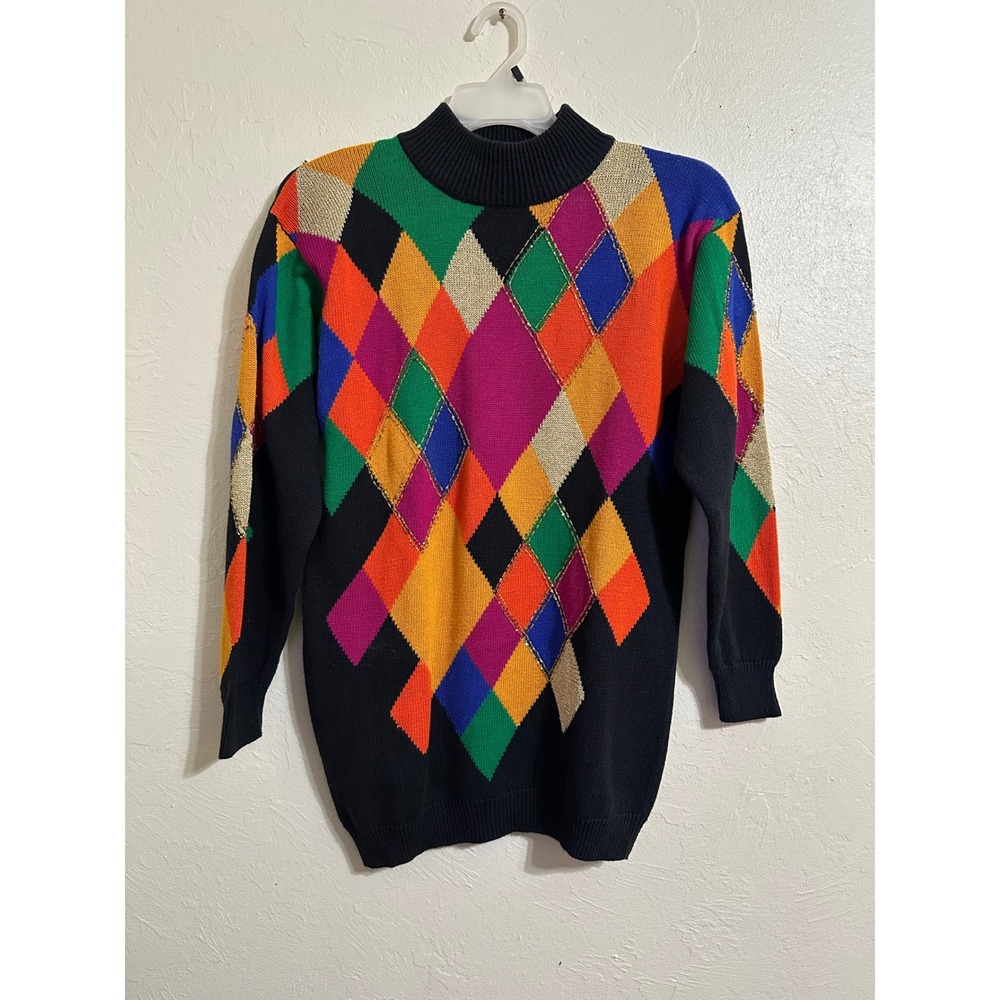 VTG 80's IB Diffusion Mock Neck Argyle Sweater Sz S M Colorful Geometric Artsy